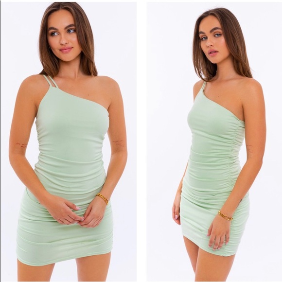 Sage Green One Shoulder Ruched Bodycon Mini Dress - Picture 2 of 5